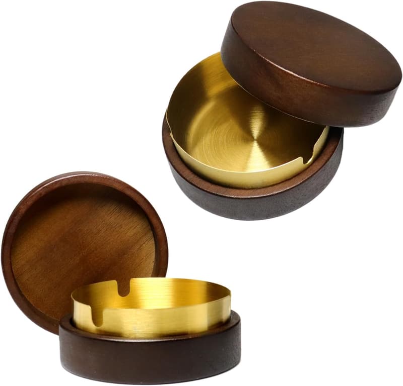 2er Set Holz-Aschenbecher mit Deckel und Edelstahl-Einsatz 90mm