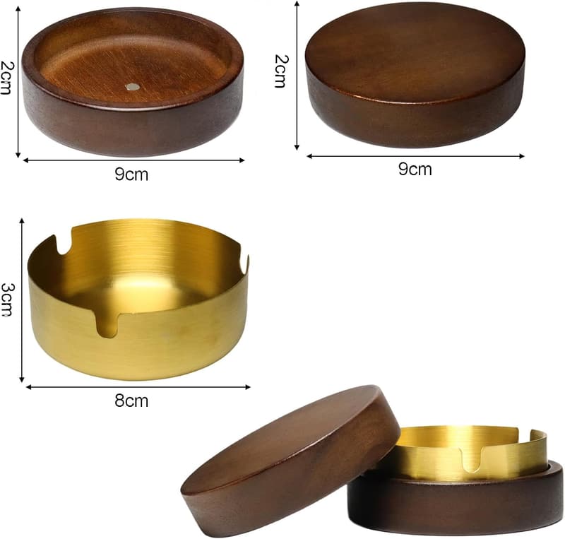 2er Set Holz-Aschenbecher mit Deckel und Edelstahl-Einsatz 90mm