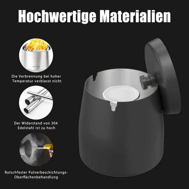 Edelstahl-Aschenbecher mit Deckel für den Außenbereich, winddicht, rutschfest, Ø9 x H9 cm