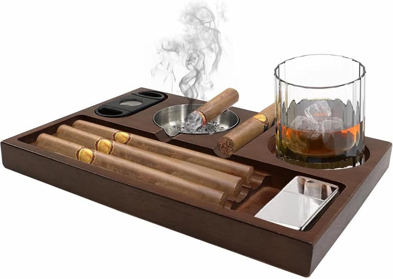 Holz Zigarren Aschenbecher mit Zigarrenschneider und Whiskey-Ständer