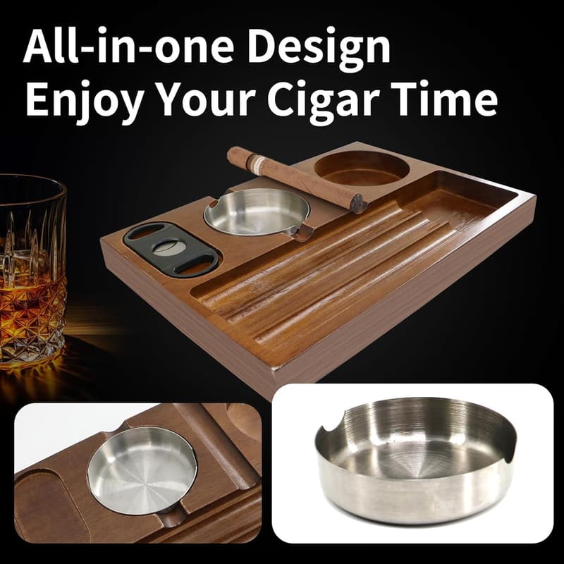 Holz Zigarren Aschenbecher mit Zigarrenschneider und Whiskey-Ständer
