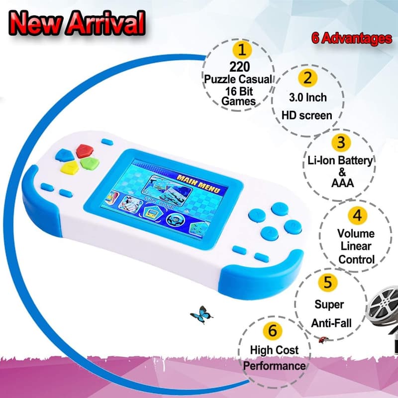 Tragbare Handheld Spielekonsole mit 220 Retro-Spielen – Blau