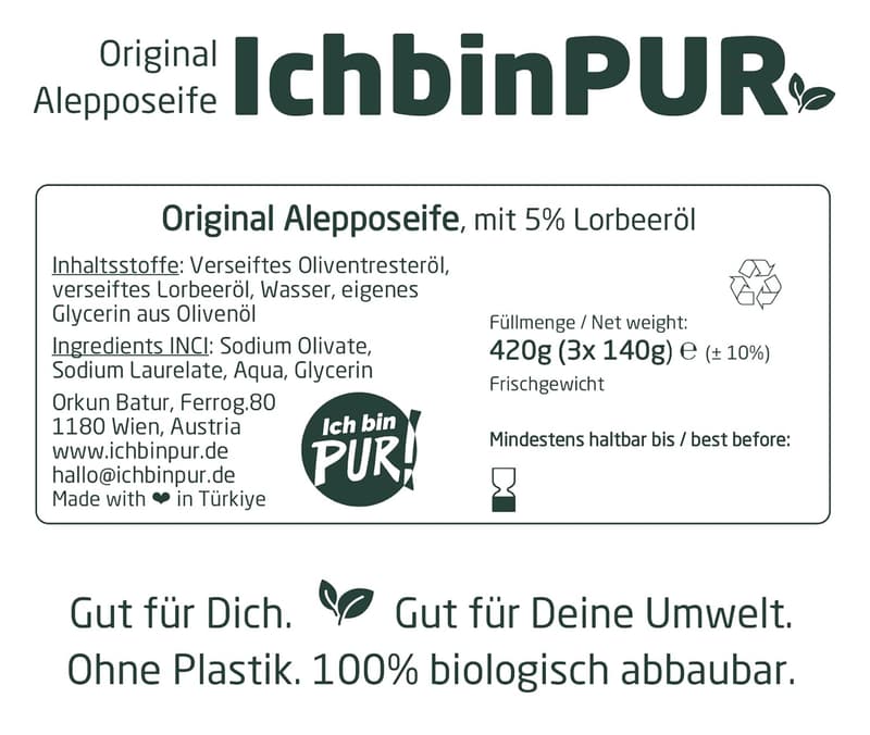 Aleppo Seife 3er-Pack (420g) – 95% Olivenöl, plastikfrei, naturbelassen