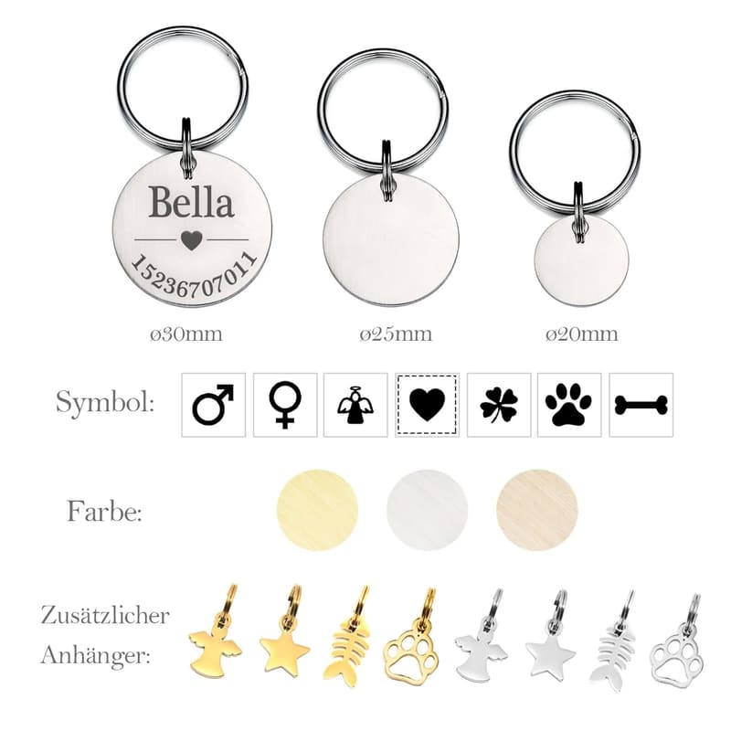 Personalisierte Edelstahl-Hundemarke mit Gravur in Roségold, Gold oder Silber