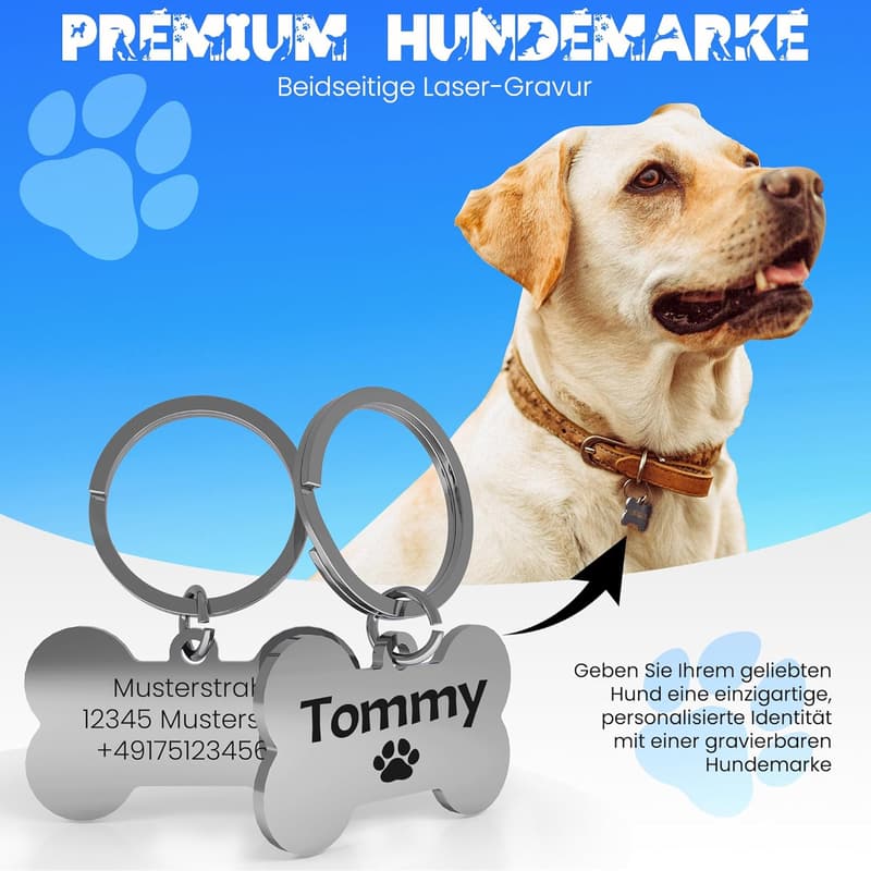 Personalisierte Edelstahl-Hundemarke mit Gravur – 30mm Knochenform