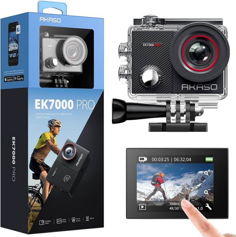 AKASO 4K Actioncam mit Touchscreen, 40M wasserdicht, 25-teiliger Zubehörsatz
