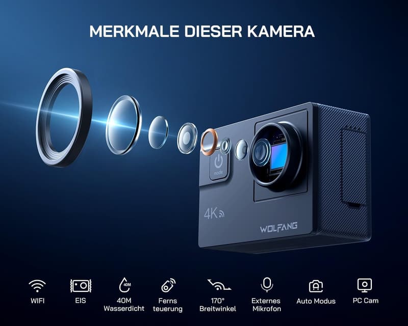 WOLFANG GA300 4K Action Cam mit WLAN, 24MP, 40m wasserdicht