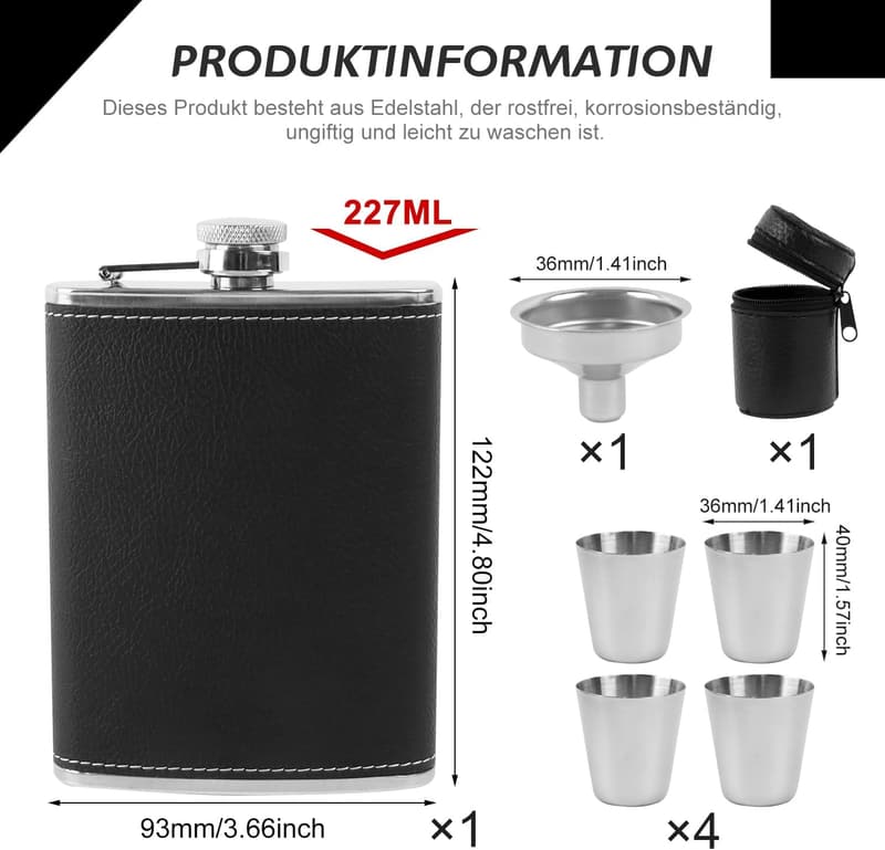 Edelstahl Flachmann Set mit Trichter & 4 Bechern für Väter