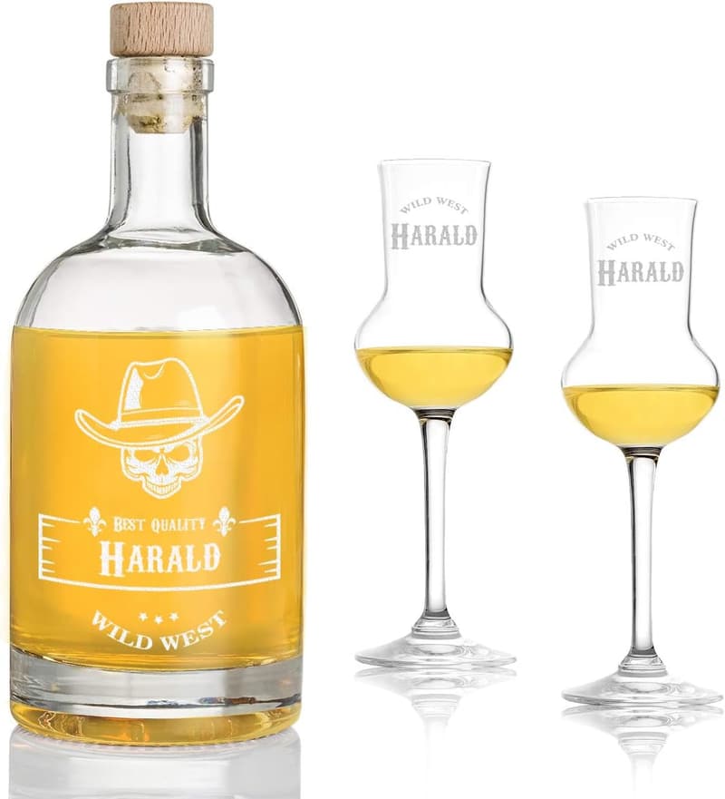 Personalisierte 3-TLG Geschenkset mit Flasche und 2 Gläsern – Motiv Wild West