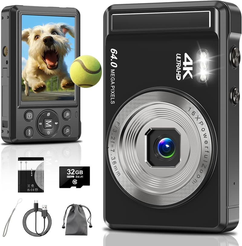 4K 64MP Digitalkamera mit 32GB SD-Karte für Kinder und Anfänger