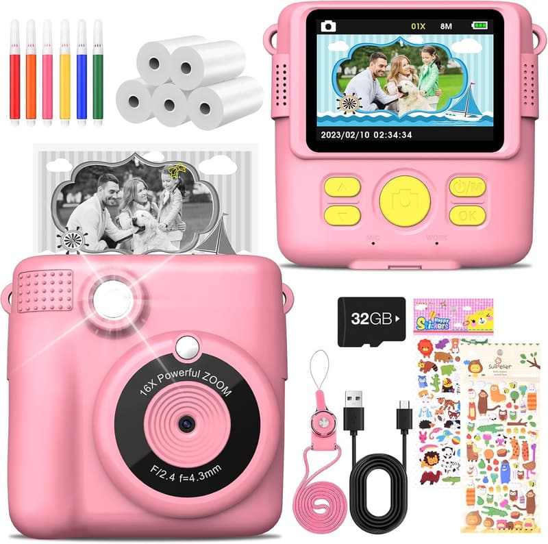 Kinderkamera mit Sofortbild, 1080P und 32GB Speicherkarte (Rosa)
