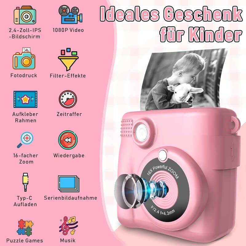 Kinderkamera mit Sofortbild, 1080P und 32GB Speicherkarte (Rosa)