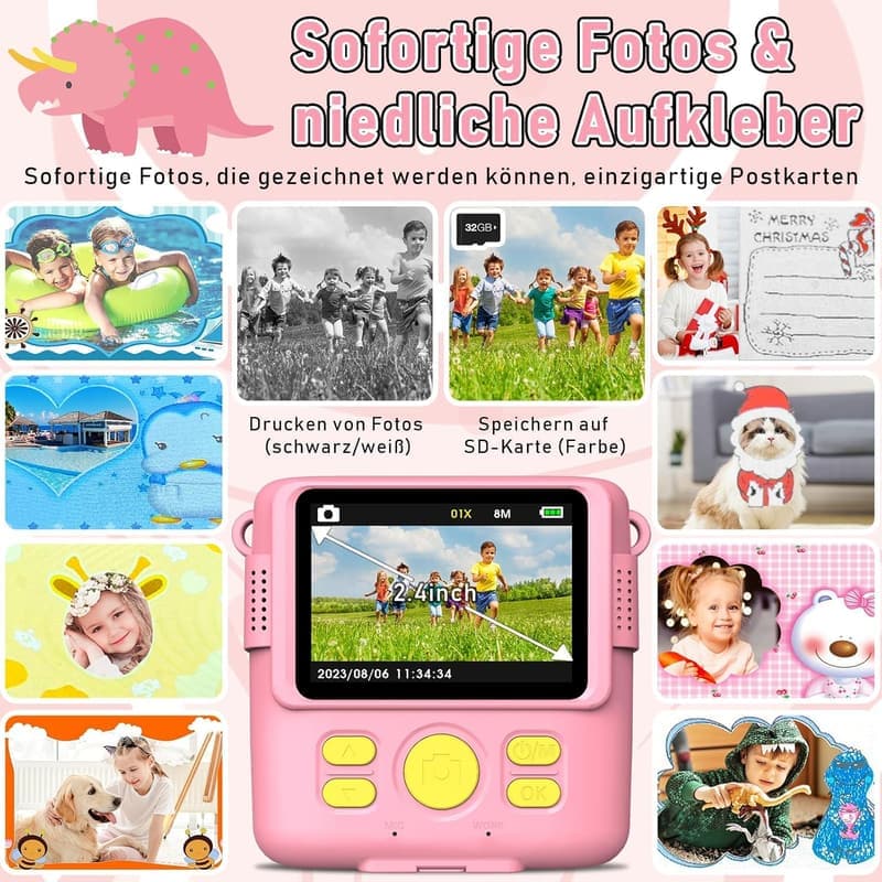 Kinderkamera mit Sofortbild, 1080P und 32GB Speicherkarte (Rosa)