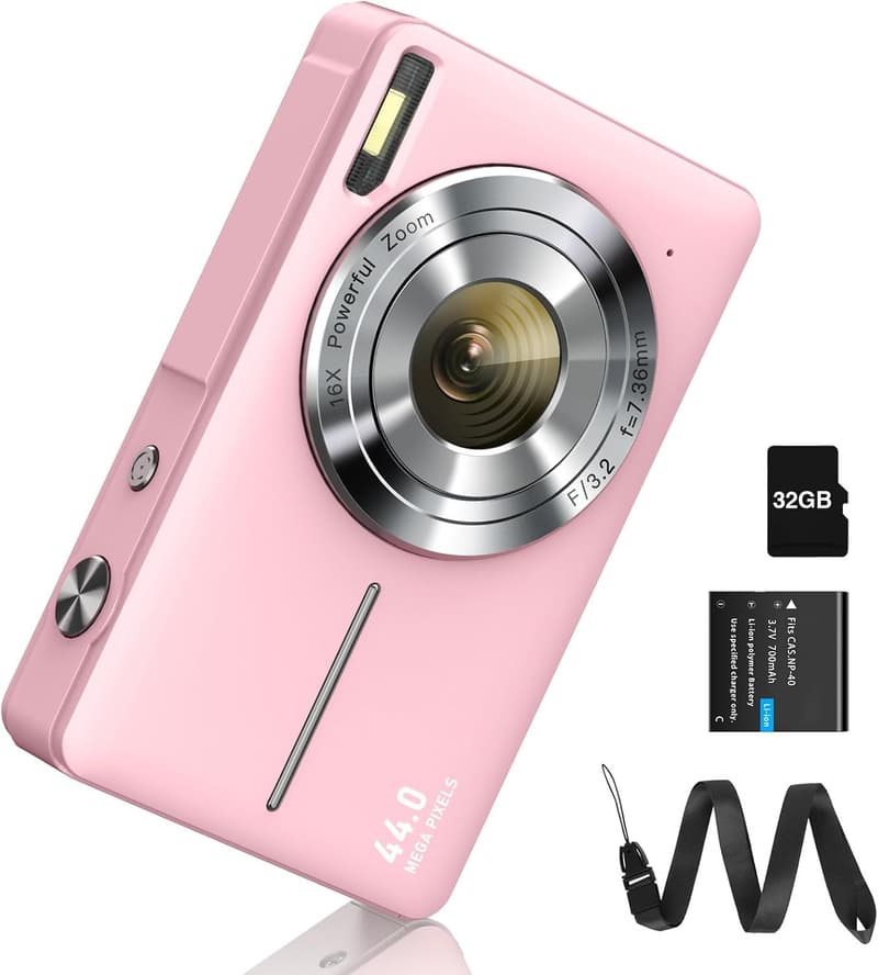 FHD 1080P Digitalkamera 44MP mit 16x Zoom für Kinder und Anfänger (Rosa)