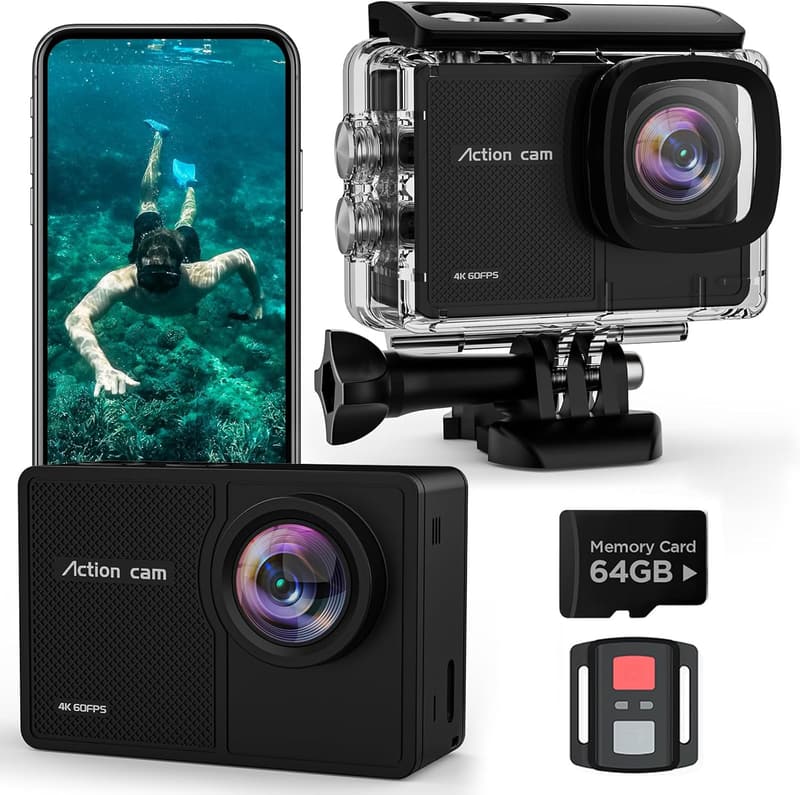 4K Action Cam für Abenteuer mit 64G SD-Karte, 48MP und WiFi, wasserdicht bis 40m