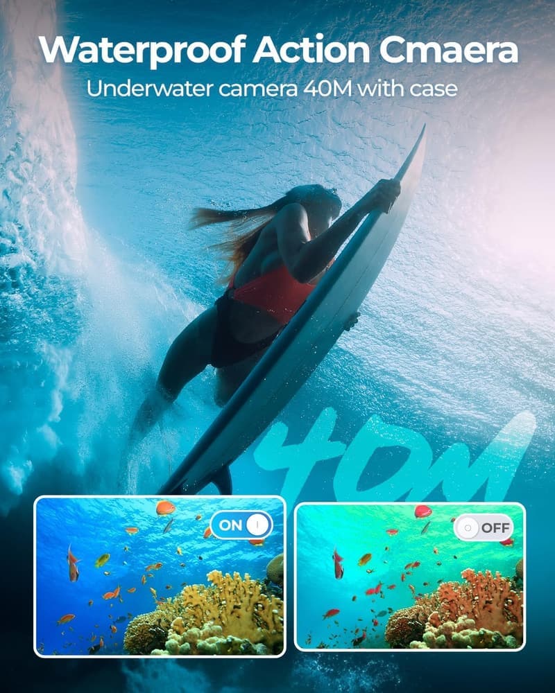 4K Action Cam für Abenteuer mit 64G SD-Karte, 48MP und WiFi, wasserdicht bis 40m