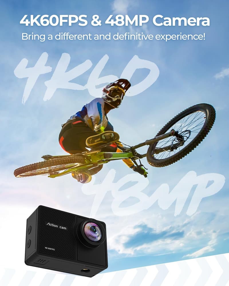 4K Action Cam für Abenteuer mit 64G SD-Karte, 48MP und WiFi, wasserdicht bis 40m