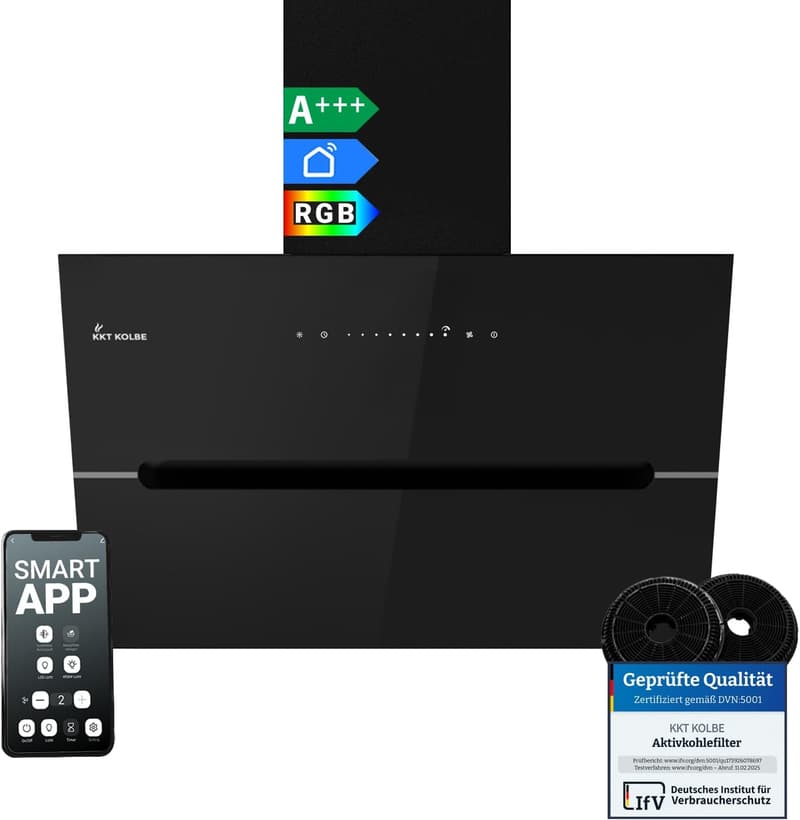 Kopffreie Dunstabzugshaube 60 cm mit Smart WiFi und RGBW-LED, Schwarz