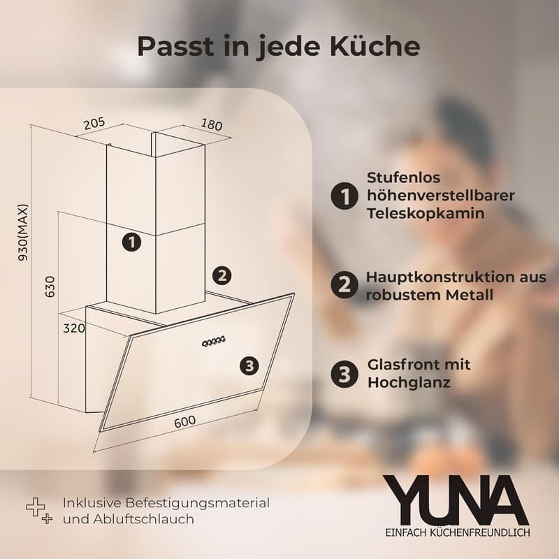YUNA Dunstabzugshaube DUNJA 60 cm mit schwarzer Glasfront und 47W Motor