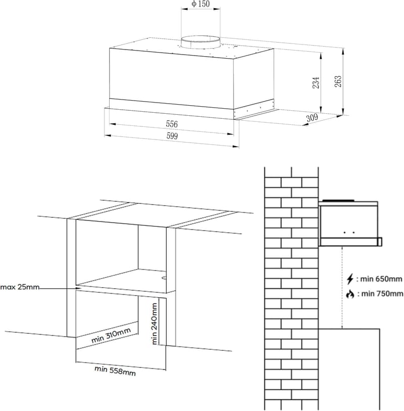 Einbau-Dunstabzugshaube 60 cm, 650 m³/h, Edelstahl-Schwarz, 3 Stufen