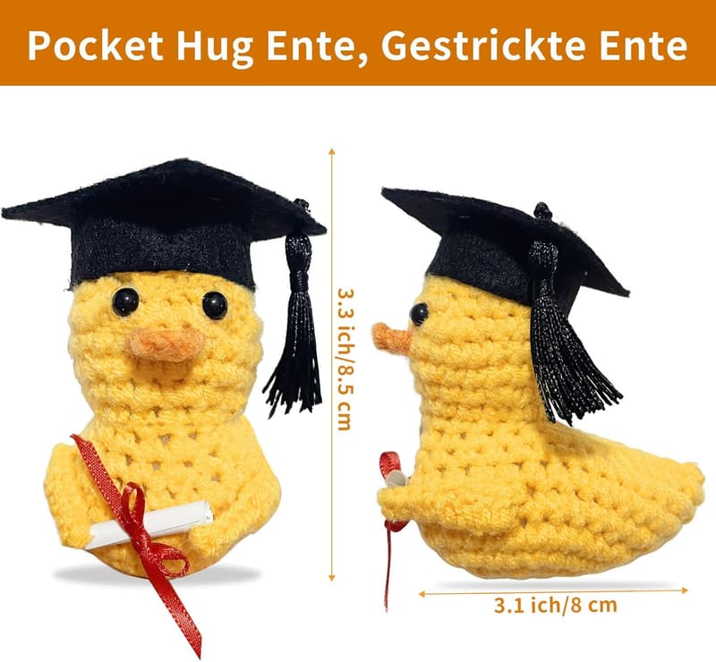 Lustige gestrickte Ente mit Diplom – Geschenk zur Abschlussfeier