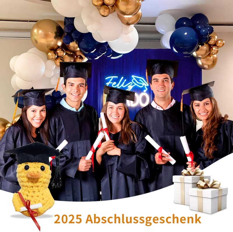 Lustige gestrickte Ente mit Diplom – Geschenk zur Abschlussfeier