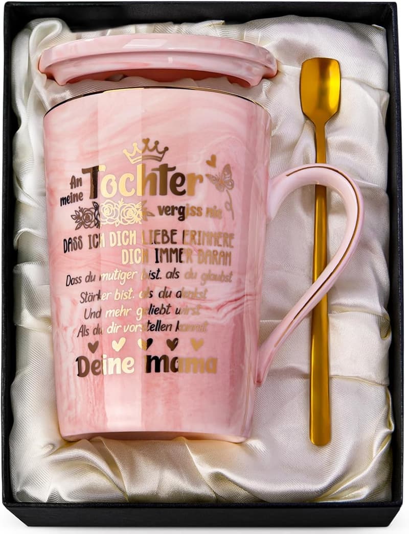 Rosa Tasse mit goldener Grafik - Geschenkset für Töchter