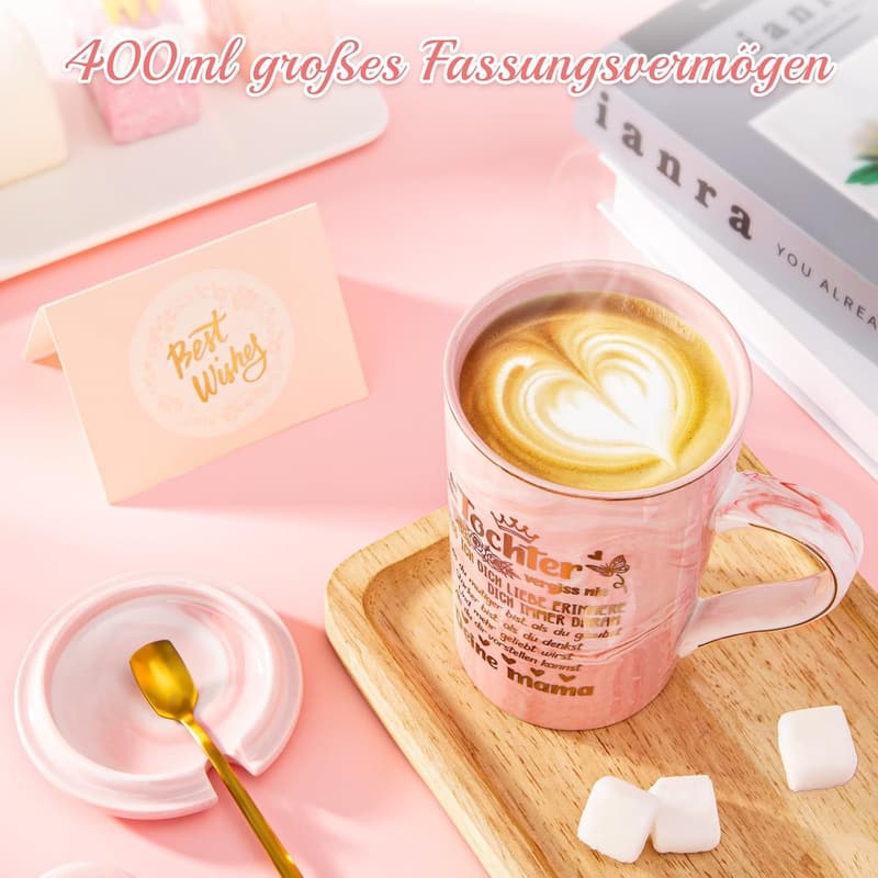 Rosa Tasse mit goldener Grafik - Geschenkset für Töchter