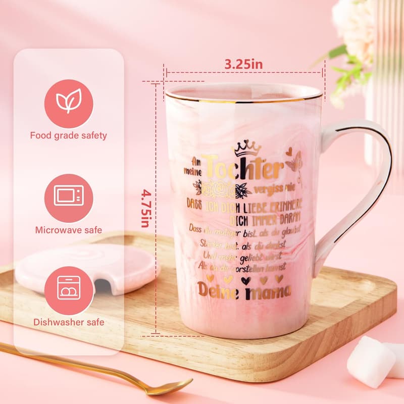 Rosa Tasse mit goldener Grafik - Geschenkset für Töchter