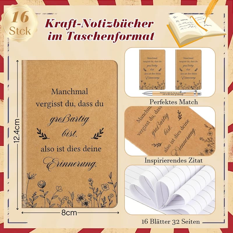 Inspirierendes Notizbuch-Set mit Kugelschreiber für Kollegen (16 Stück)