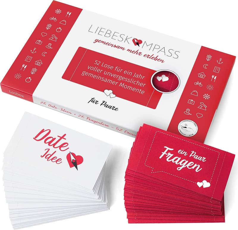 Liebeskompass Losbox für Paare mit 52 Date-Ideen – Geschenk zum Valentinstag
