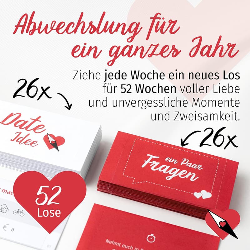 Liebeskompass Losbox für Paare mit 52 Date-Ideen – Geschenk zum Valentinstag