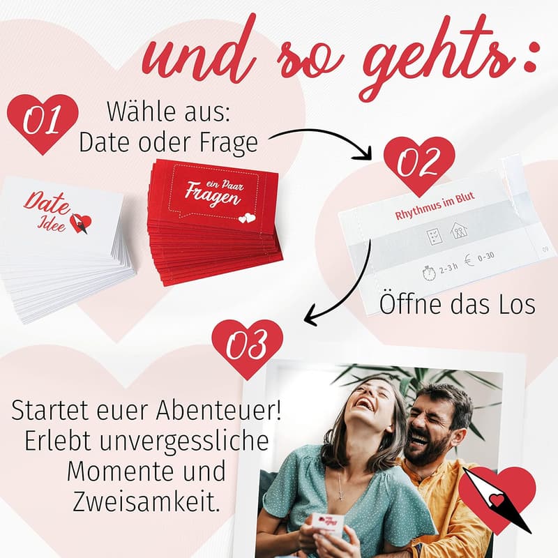 Liebeskompass Losbox für Paare mit 52 Date-Ideen – Geschenk zum Valentinstag
