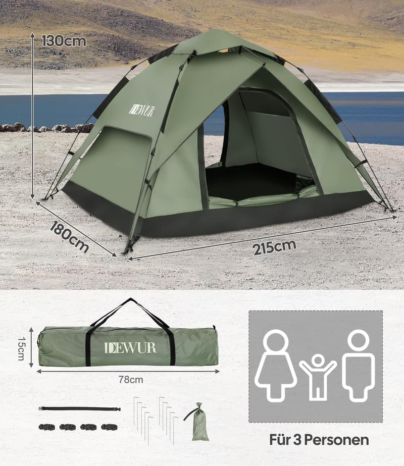 Wasserdichtes Pop-Up Campingzelt für 3-4 Personen mit UV-Schutz
