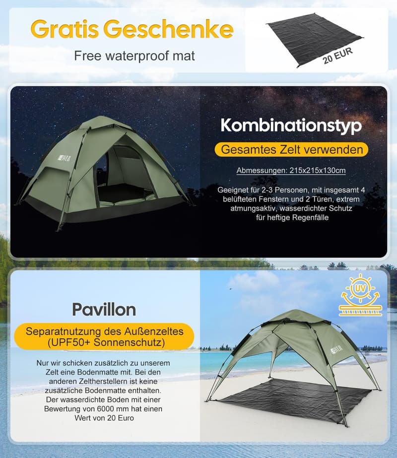 Wasserdichtes Pop-Up Campingzelt für 3-4 Personen mit UV-Schutz