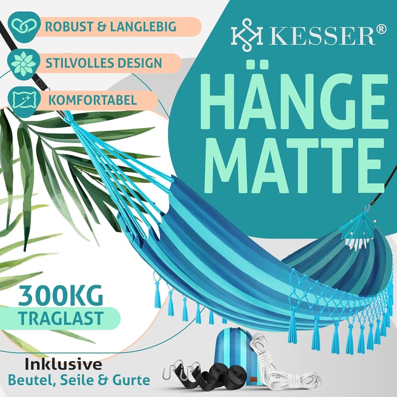 Wetterfeste Tuchhängematte 320x150 cm für 1-2 Personen, bis 300 kg Belastbarkeit, inkl. Beutel und Seile