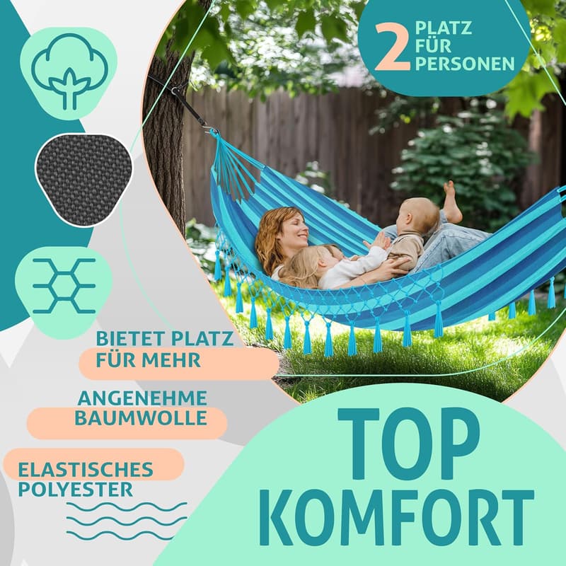 Wetterfeste Tuchhängematte 320x150 cm für 1-2 Personen, bis 300 kg Belastbarkeit, inkl. Beutel und Seile