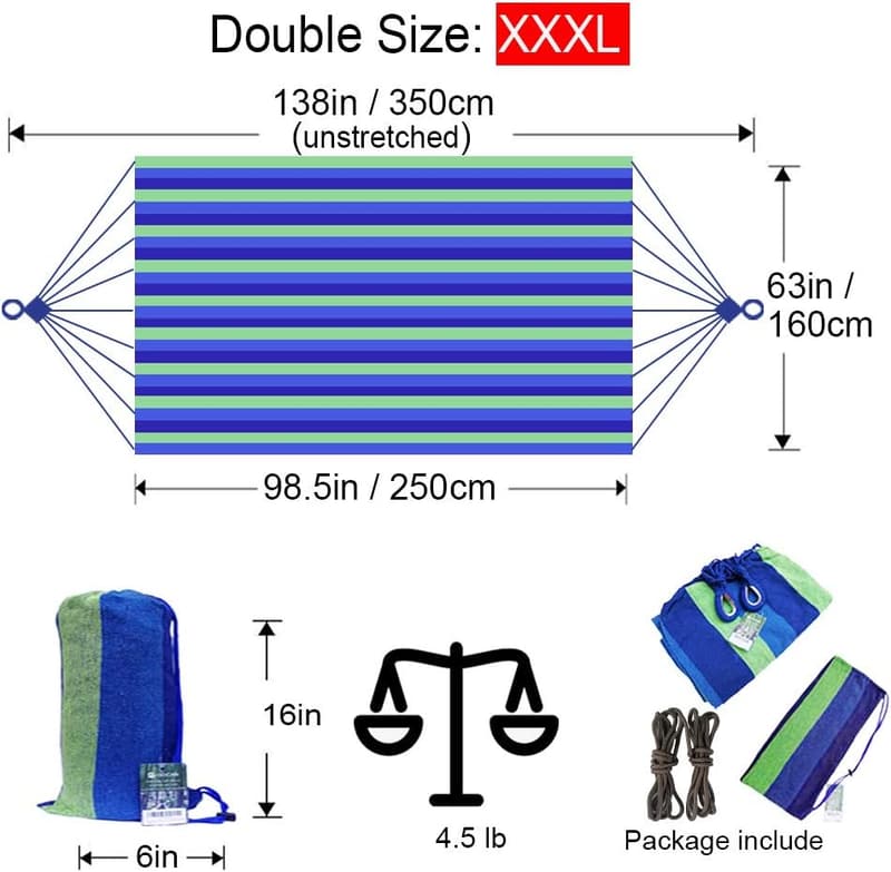 GOCAN Brasilianische Doppelhängematte für 2 Personen, 250 x 160 cm, tragbar, blau/grün