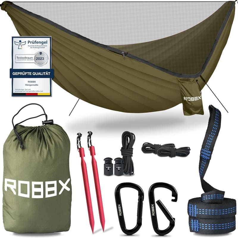 Hängematte für 2 Personen mit Moskitonetz und Befestigungs-Set - 300 kg Traglast, Nylon, 290x140 cm, Oliv