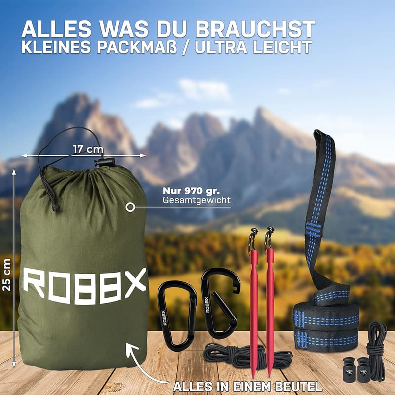 Hängematte für 2 Personen mit Moskitonetz und Befestigungs-Set - 300 kg Traglast, Nylon, 290x140 cm, Oliv