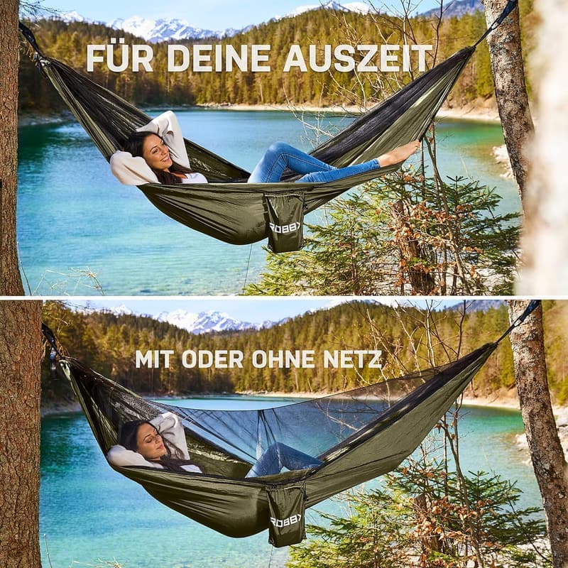 Hängematte für 2 Personen mit Moskitonetz und Befestigungs-Set - 300 kg Traglast, Nylon, 290x140 cm, Oliv
