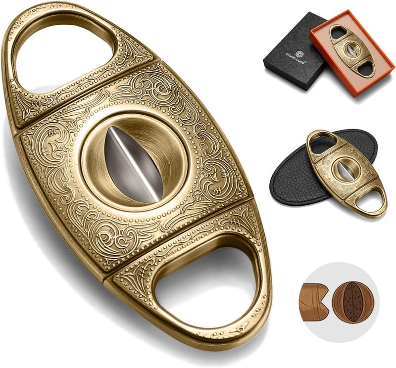 Gravierter V-Cut Zigarrenschneider aus Edelstahl in Gold
