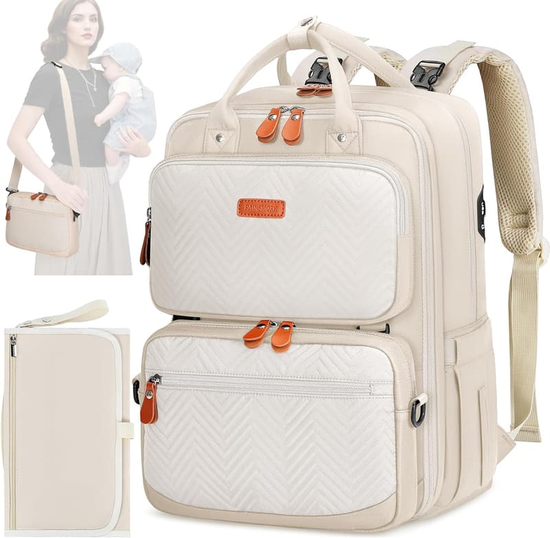 Multifunktionale Wickeltasche Rucksack für Mama und Papa – Beige