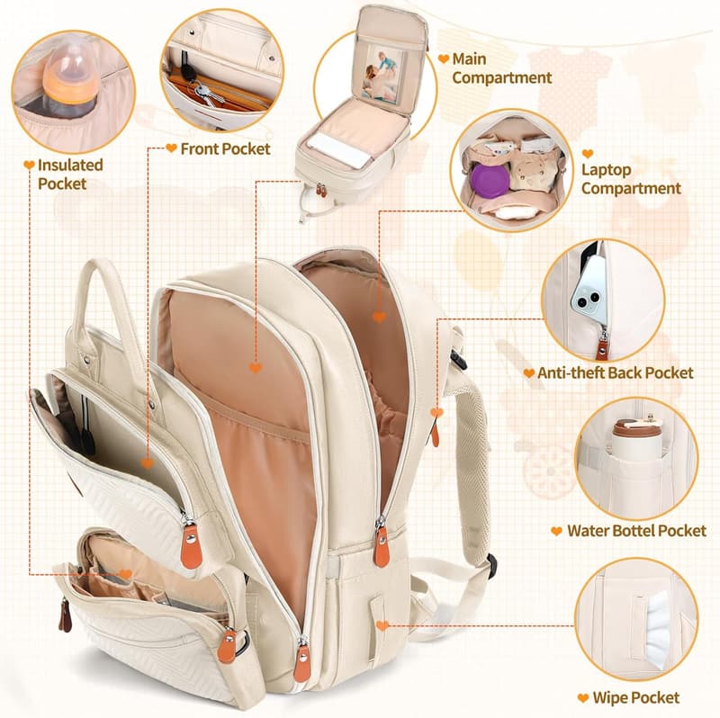 Multifunktionale Wickeltasche Rucksack für Mama und Papa – Beige