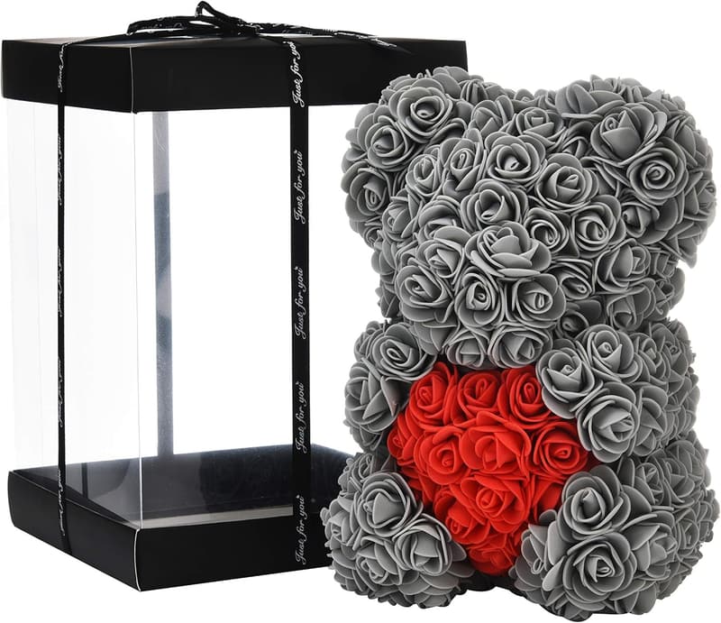 Rosenbär für Muttertag – 10 Zoll klarer Geschenkbox mit 250 Rosenblüten