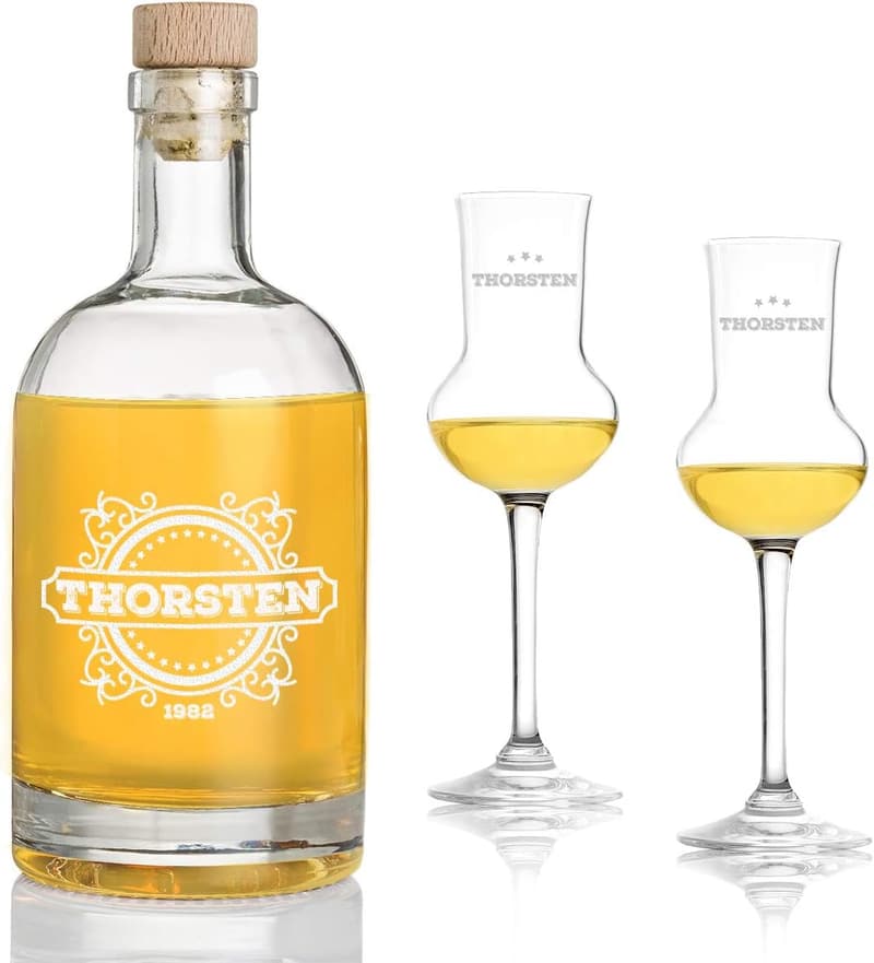 Geburtstagsgeschenkset: Gravierte Flasche 700ml & 2 Likörgläser
