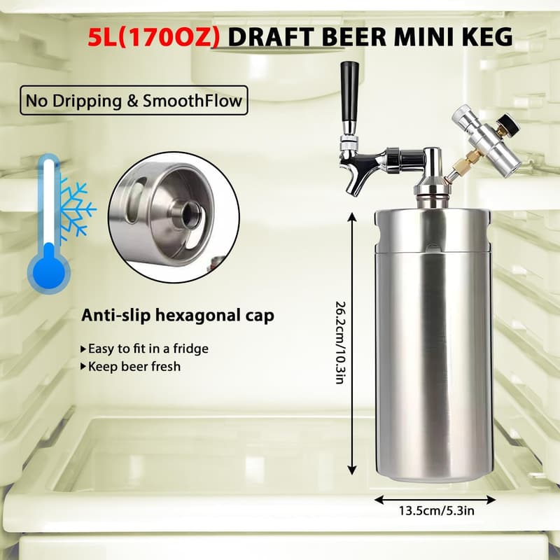 Edelstahl Bierfass 5L mit Manometer – Tragbarer Growler für Hausbrauen