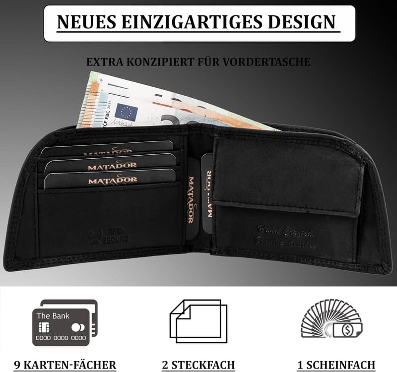 Herren Geldbörse mit RFID-Schutz für Vordertasche - Schwarz