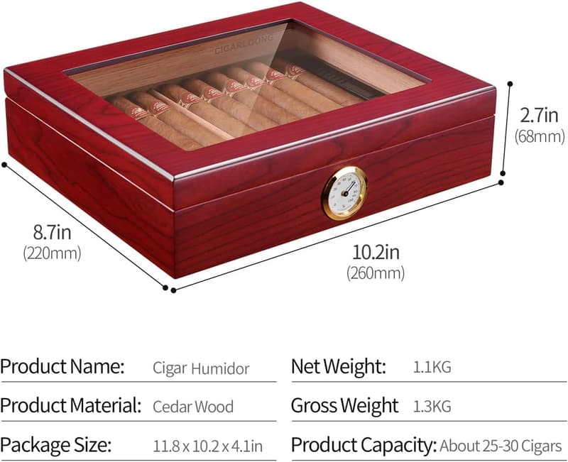 Zigarrenhumidor aus spanischer Zeder für bis zu 25 Zigarren mit Hygrometer