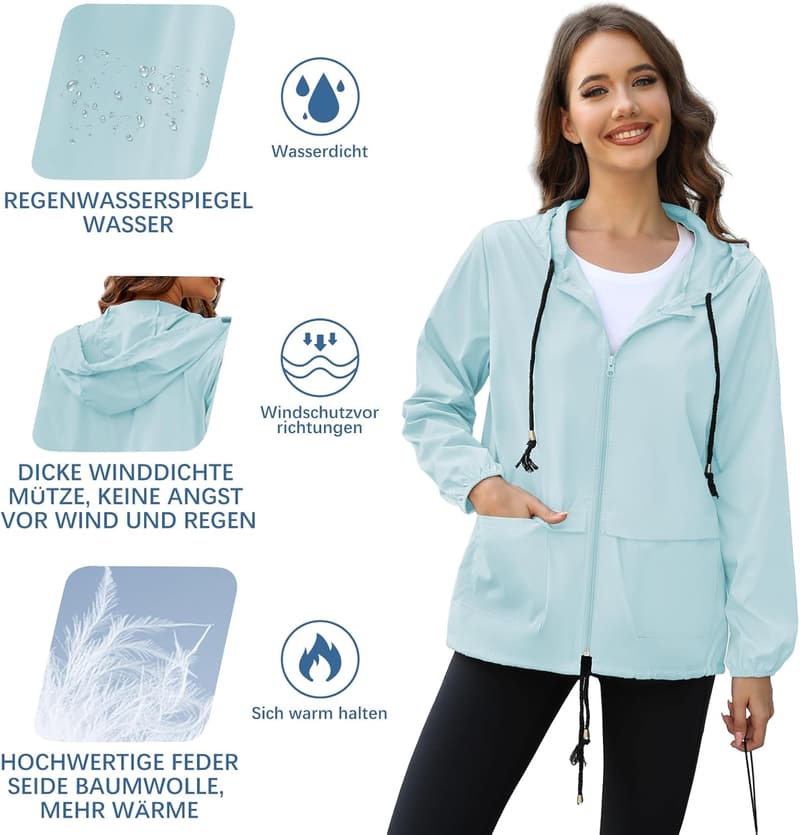 Wasserdichte, ultraleichte Damen Regenjacke – faltbar und softshell